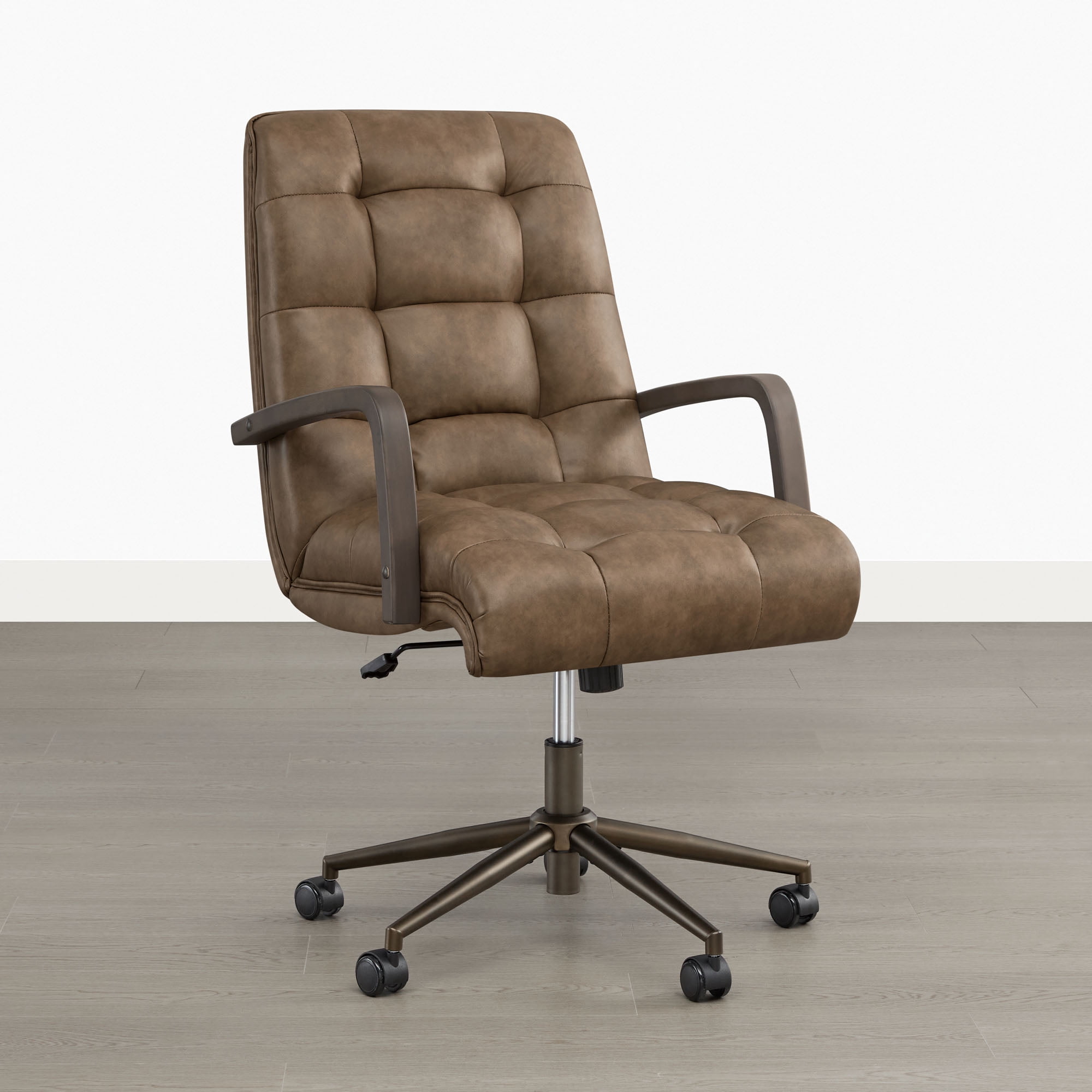 Spruce & Spring Mid-Century Modern Office Chair with Solid Wood Arms, Faux Leather Desk Chair with Adjustable Height & Tilt for Home Office, Brown