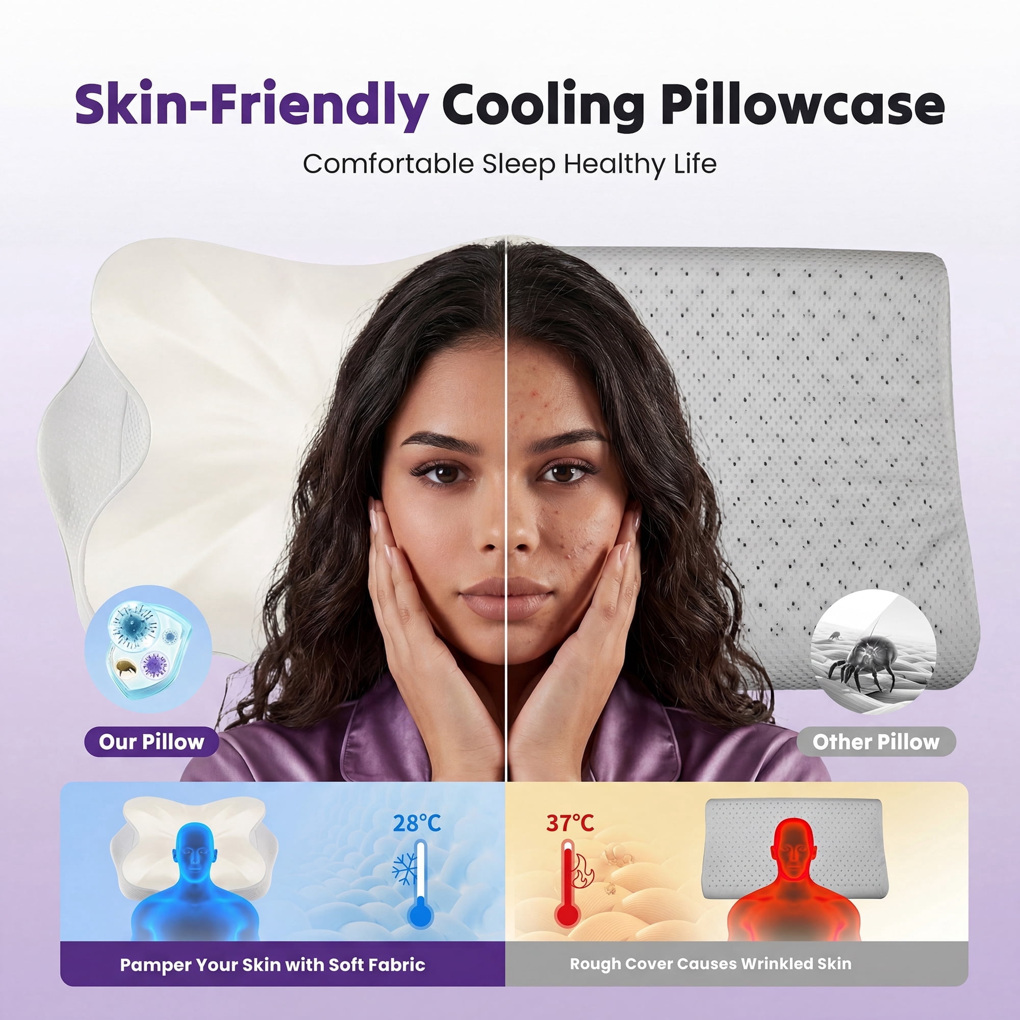 JIOABL Cervical Memory Foam Pillow, Contour Design with 2 Heights, Breathable Cover, Neck Support for Side Back Sleepers, Light Gray