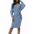 thumbnail image 2 of INSPIRE CHIC Robe Midi pour Femme Col en V Profond Manches Chauve-Souris Longues Ceinturée Robe Chandail Portefeuille L Bleu, 2 of 5