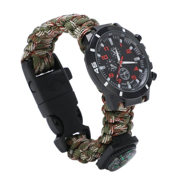 Survival Bracelet Watch Whistle And Scraper Steel Emergency Survival Watch Rope Cutter For First Aid For Camp Camouflage