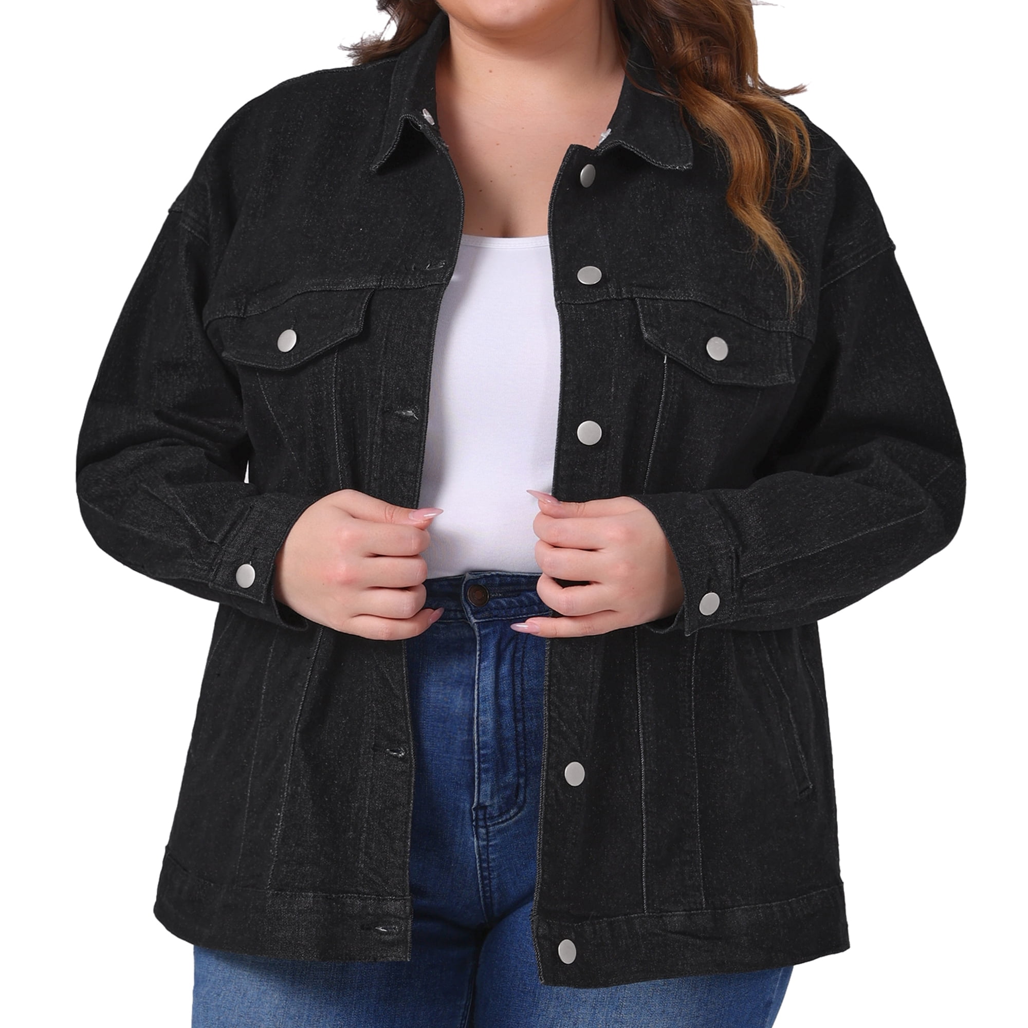 DARING DIVA Women's Plus Size Layered Drawstring Detachable Hoodie Denim Jacket 2X Black