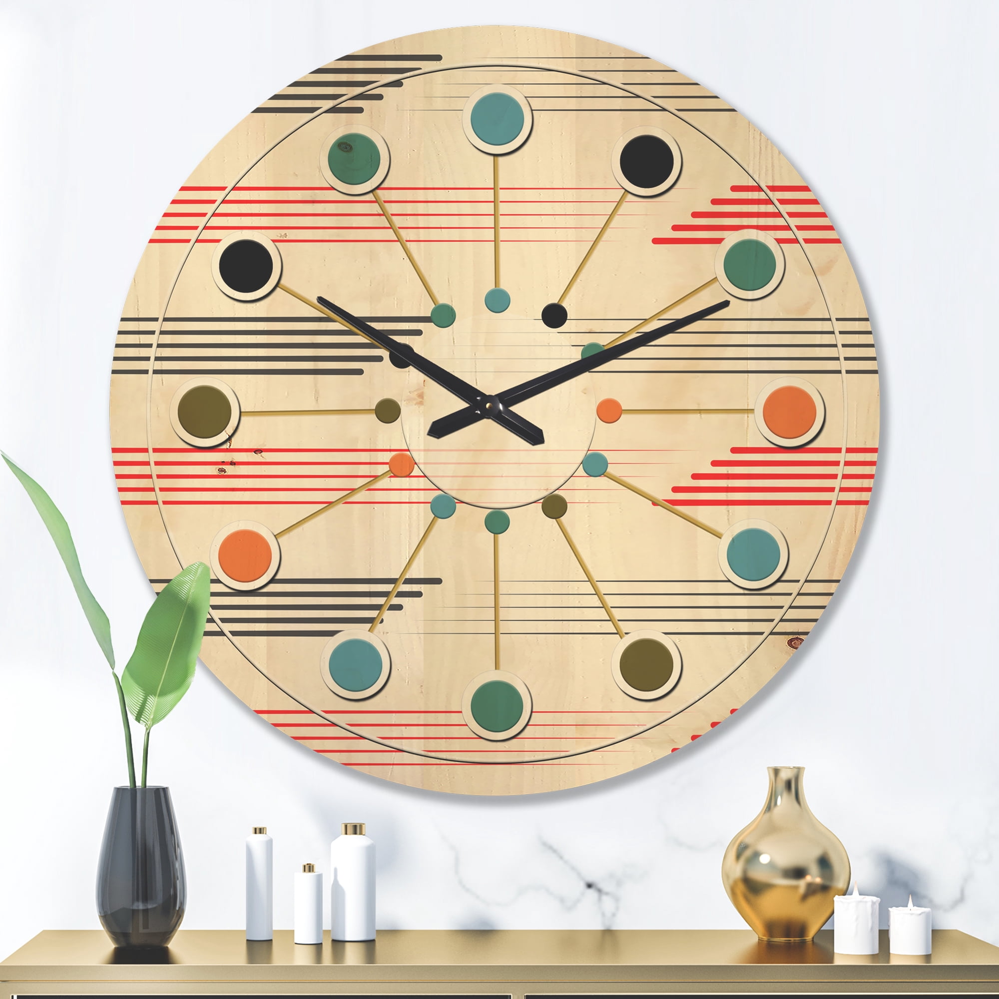 Designart 'Horizontal Geometrical Retro Pattern I' Mid-Century Modern Wood Wall Clock