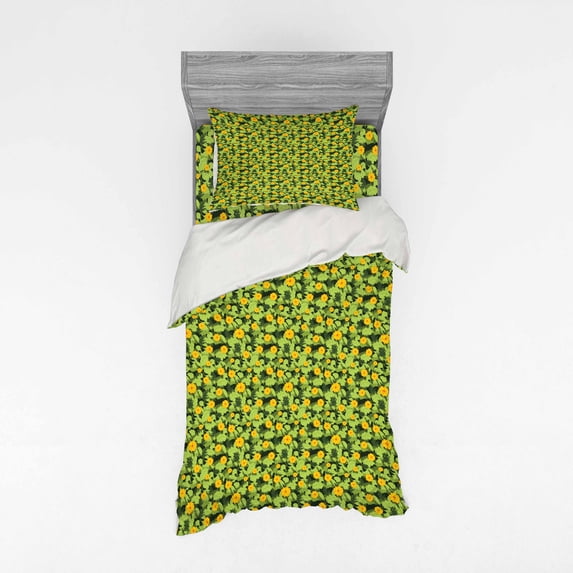 Flower Duvet Cover Set, Blooming Nature Design with Fresh Vibrant Foliage Hand Drawn Image, Bedding Set with Shams and Fitted Sheet, 3 Sizes, by Ambesonne