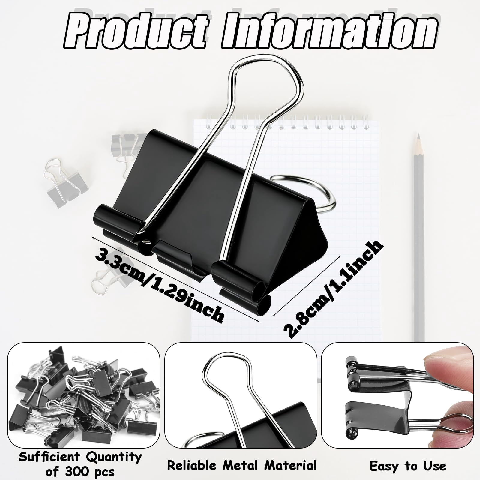 300 Medium Binder Clips Bulk 1.25 Inch Heavy Duty Paper Clamps Black Metal Binding Med Office Supplies For Teachers Business