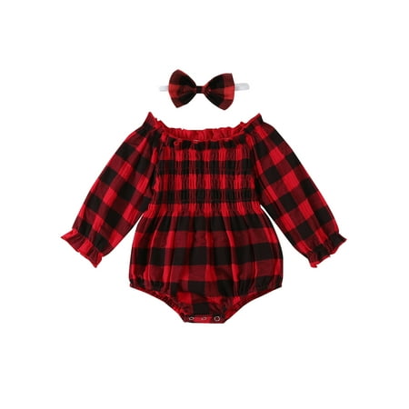 

Baby Sweetie Newborn Girl Christmas Outfit Long Sleeve Off-shoulder Plaid Romper with Hairband Fall Clothes