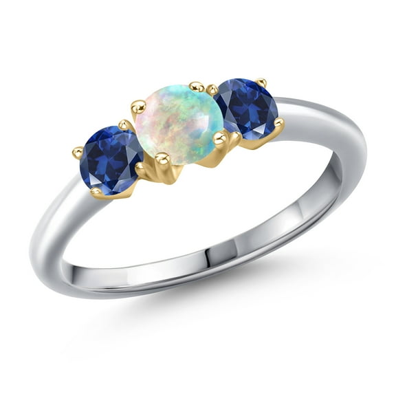 Gem Stone King 925 Silver and 10K Yellow Gold Simulated White Opal and Blue Created Sapphire Engagement Ring for Women | 1.00 Cttw | Round Cabochon 5MM | Gemstone October Birthstone | Size 8