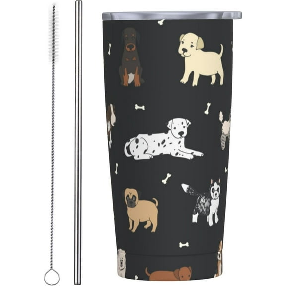Cute Dogs 20oz Travel Tumbler With Lid And Straw, Puppy Animal Black Stainless Steel Tumblers Insulated Coffee Cup Mug Gift For Men Women