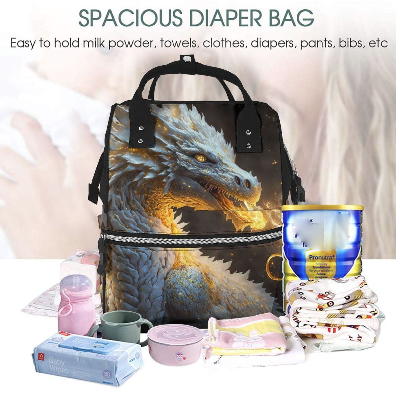 Ratiio Golden White Fire Dragon Mummy Backpack - Waterproof Twill Canvas, Large Capacity Diaper Bag with Multiple Pockets and Adjustable Straps