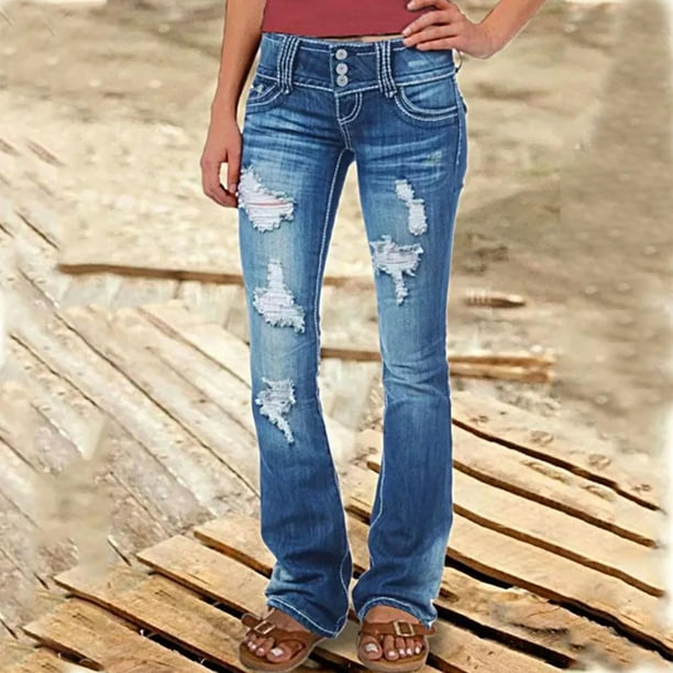 WILLBEST Jeans Mujer Pantalones Vaqueros Acampanados Elásticos para Mujer, de Mezclilla Desgastada a La Moda Con Estampado de Corazones, Ajuste Cómodo E Informal, Diseño Roto para Mujer. Chica