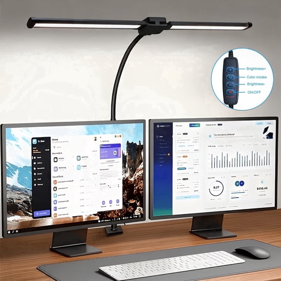 Gaormii LED Eye Caring Desk Lamp, Double Head Reading Light, Computer Monitor Clip on Light, USB Port, 3 Color Modes and 10 Brightness, Adjustable Flexible Gooseneck, for Home, Office, Black