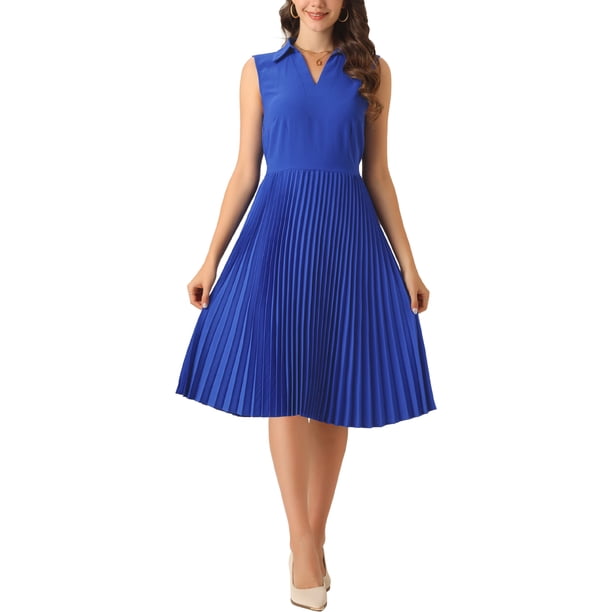 Vestido plisado con cuello INSPIRE CHIC para mujeres, vestido de oficina sin mangas con escote en V, talla L, azul