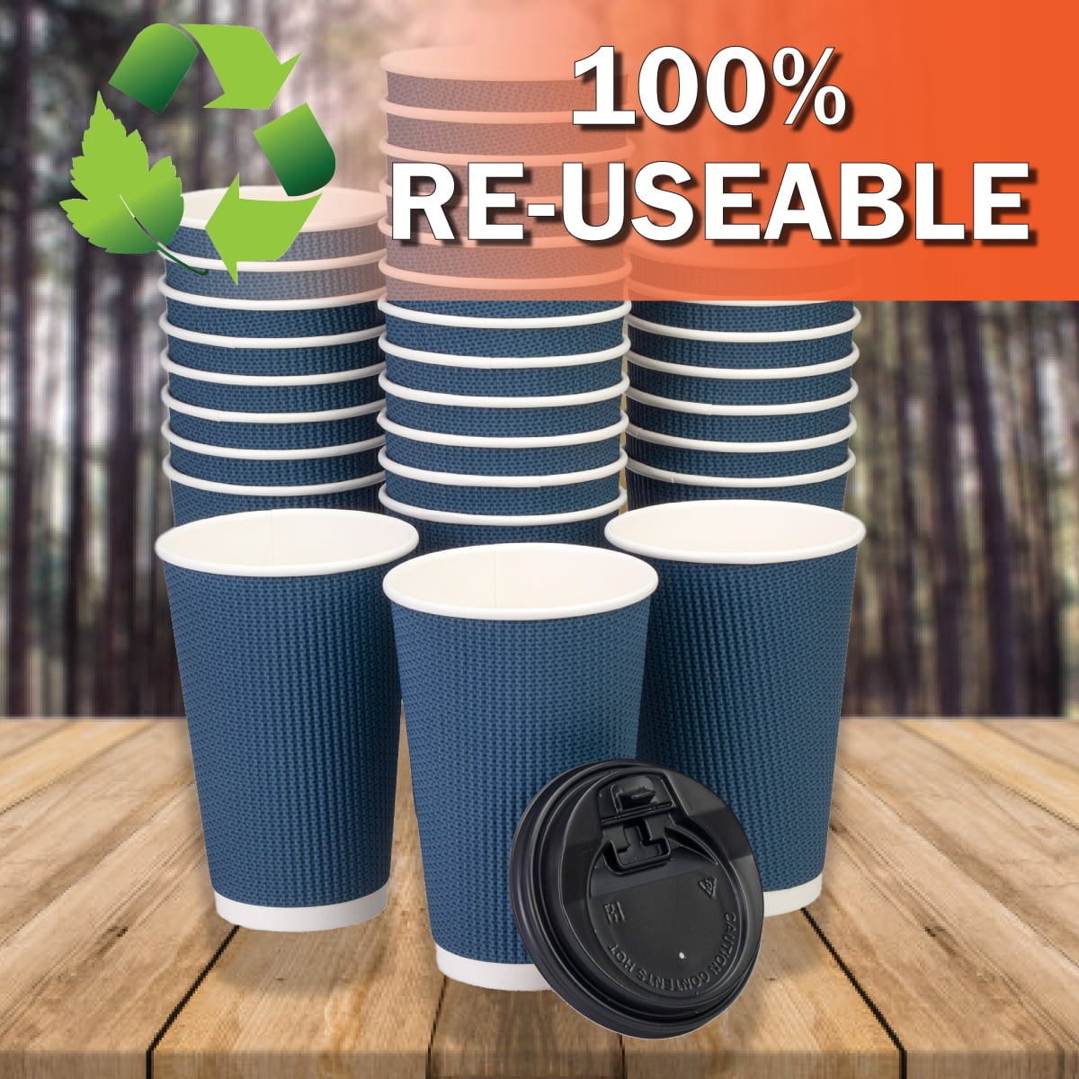 OzBSP 90 Pack 16 oz Disposable BLUE Coffee Cups with Lids 16oz Paper Coffee Cups Ripple Wall Double Wall Hot Cups To Go No Sleeves Needed