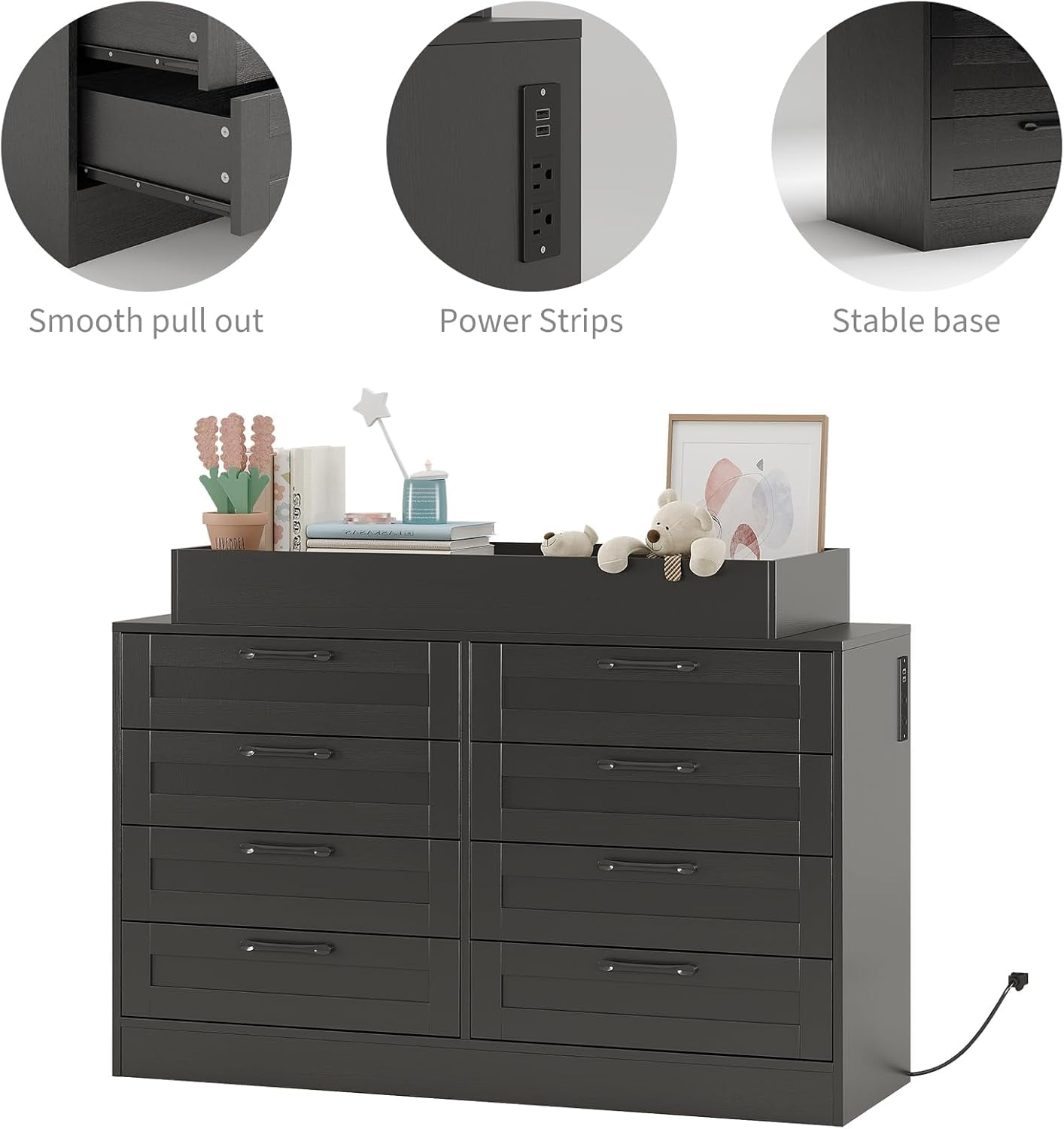 Baby Changing Dresser with 8 Drawers – Wooden Nursery Dresser with Safety Rail & Open Shelf, Changing Table Station Space-Saving Organizer