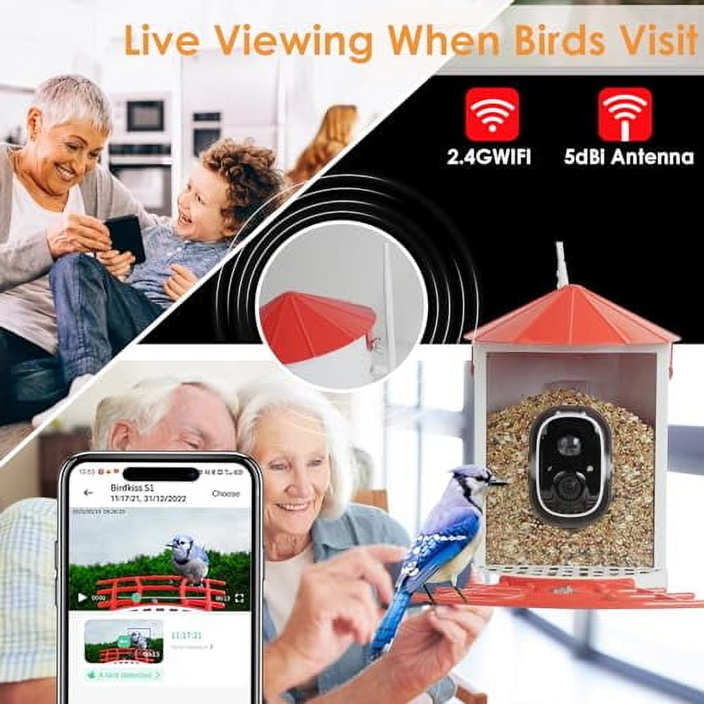 Birdkiss Smart Bird Feeder with Camera, Metal Squirrel Proof Bird Watching Cameras with AI Identification & Solar Panels, Gifts for Bird Lovers, Red