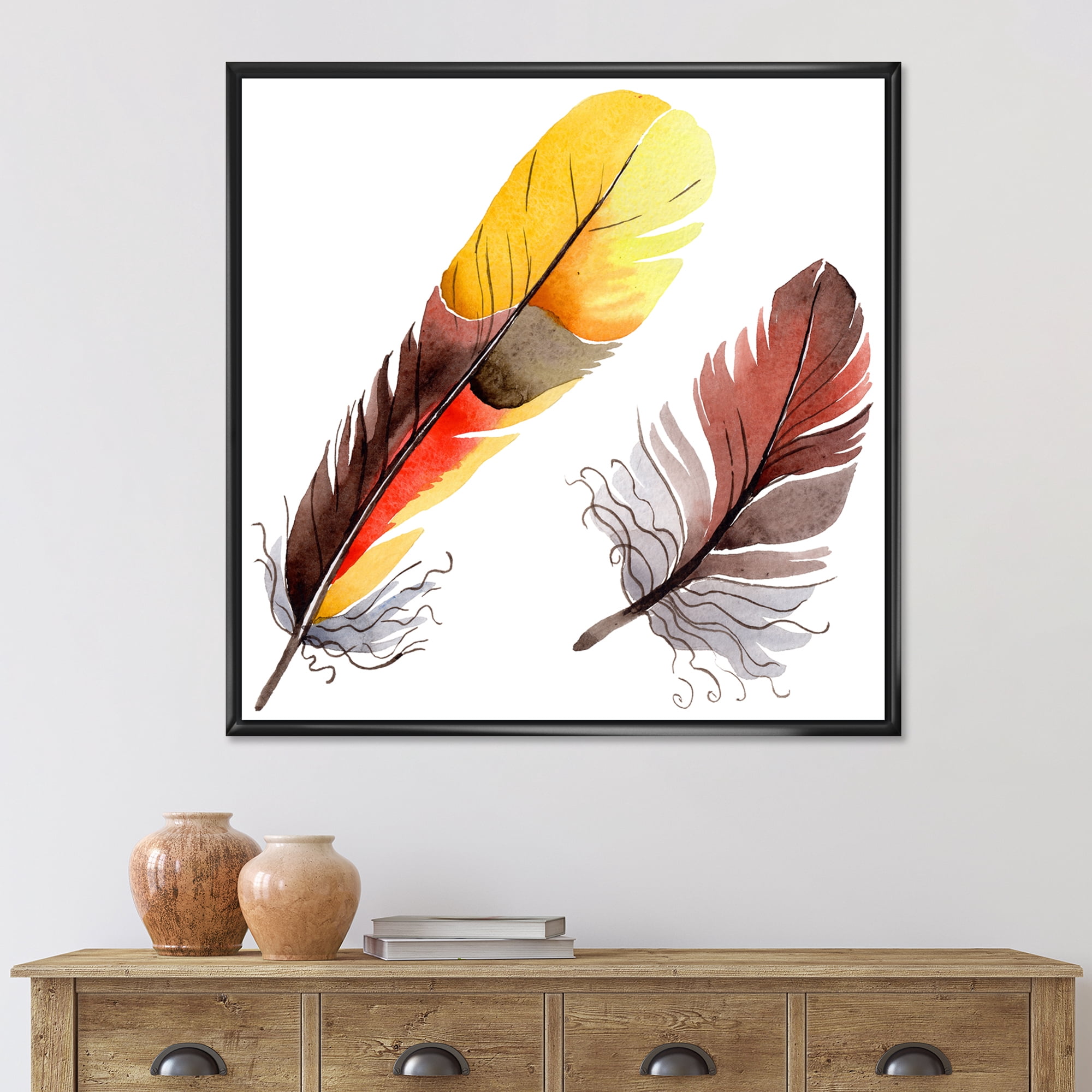 Designart 'Colourful Boho Art Feathers IV' Bohemian & Eclectic Framed Canvas Wall Art Print