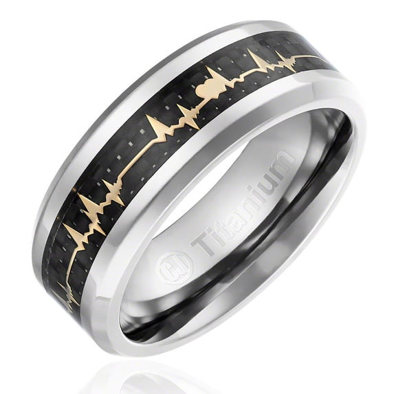 Mens Wedding Band in Titanium 8MM Ring with Yellow Gold-Plated Heart Beat over Carbon Fiber Inlay