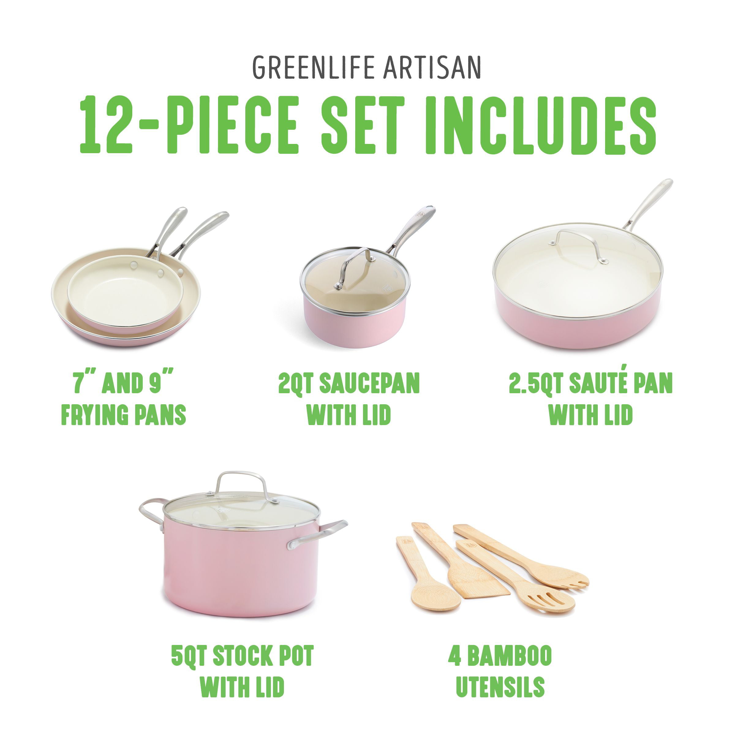 GreenLife Artisan Healthy Ceramic Nonstick, 12-Piece Cookware Set, Stainless Steel Handle Color: Pink CC005650-001