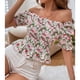thumbnail image 4 of Top con hombros descubiertos y estampado floral Blusas elegantes con cuello cuadrado Cintura fruncida Top de media manga de verano, 4 of 6