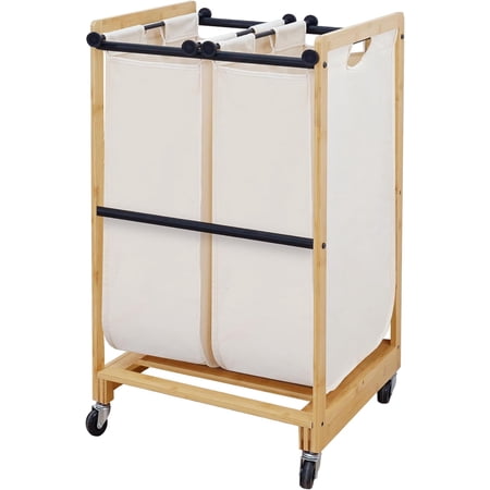 Laundry Sorter 2 Section with Bamboo Frame, 2 Bag Laundry Hamper, Rolling Laundry Cart Basket with Lockable Wheels and Removable Bag for Clothes Storage in Laundry Room and Bedroom, Beige