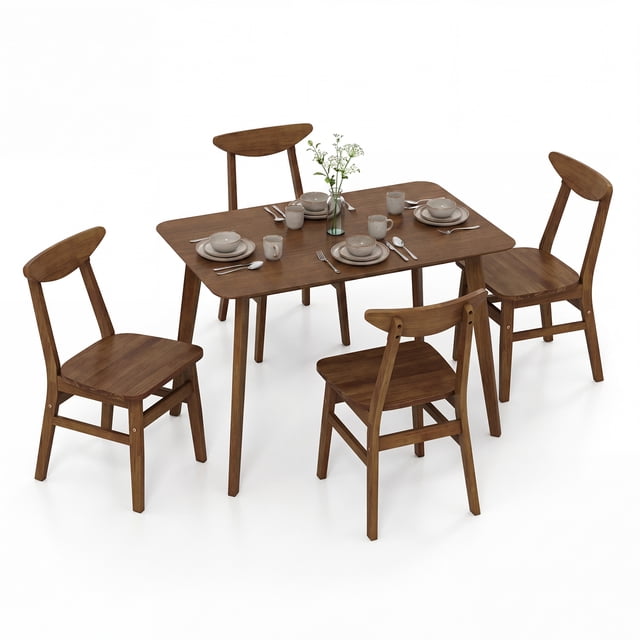 Gymax 5PCS Solid Wood Dining Table Set Mid Century Kitchen Table & Chairs Set for 4