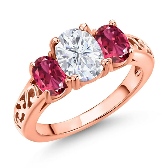 Gem Stone King 18K Rose Gold Plated Silver White Moissanite and Pink Tourmaline Filigree Style 3 Stone Ring for Women (2.45 Cttw, Oval 8X6MM and 6X4MM) (Size 8)