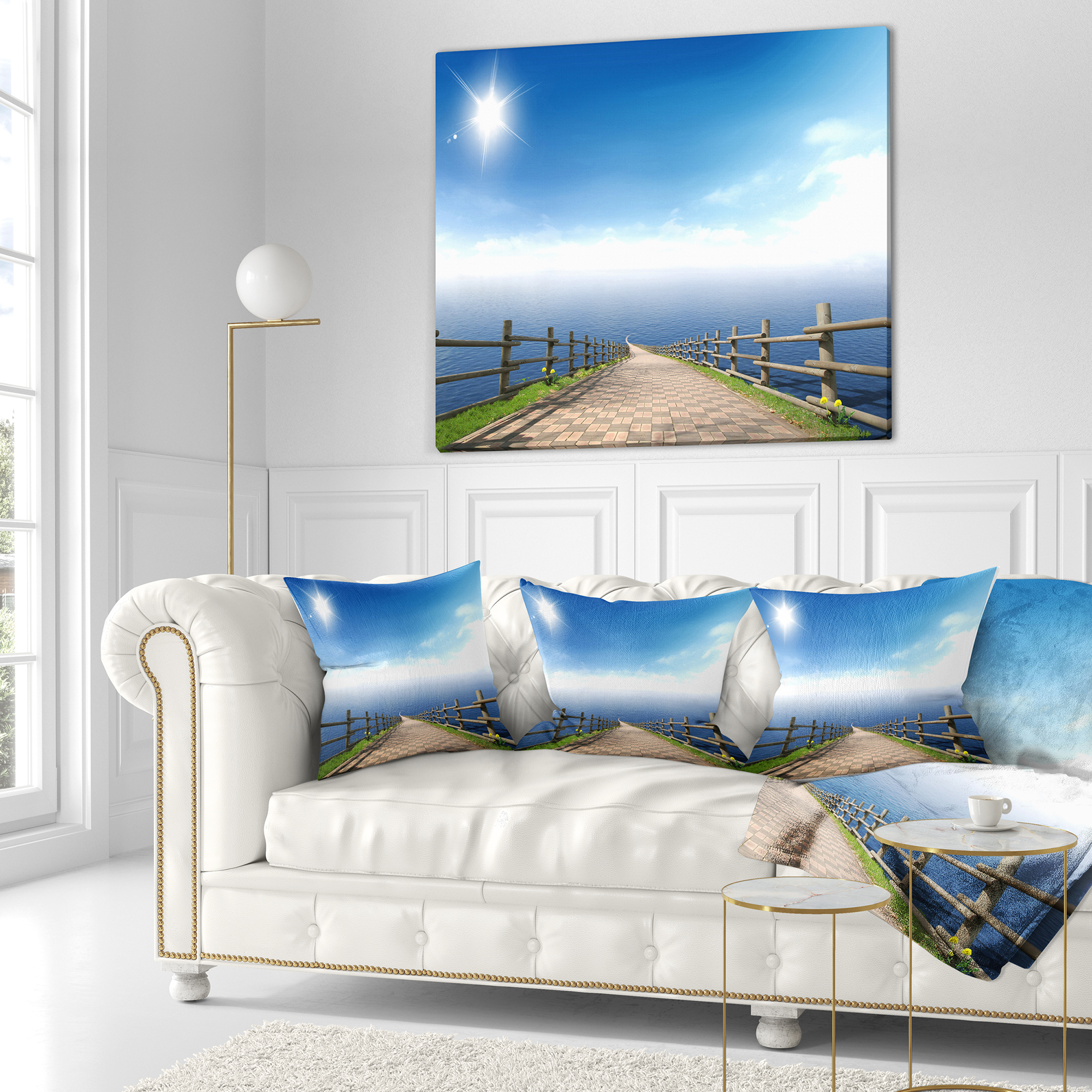 Designart Endless Pier into Blue Sea - Seascape Photography Throw Pillow - 16x16