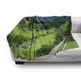 thumbnail image 3 of Mountain Soft Flannel Fleece Throw Blanket, Alpine Landscape with Meadow Cottages and Pines Stream in Village View Print, Cozy Plush for Indoor and Outdoor Use, 60" x 80", Green White, by Ambesonne, 3 of 6
