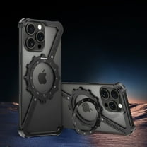 ELEHOLD Frosted Case For iPhone 16 Pro Max Z-Type Gear Design Alloy Frameless Shockproof Rugged Cover, Mag Safe Compatible, 360° Rotable Ring Kickstand -- Black