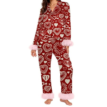 Aoiroe Womens Long Underwear Silk Satin Pajamas Sets For Women Valentines Day Outfits For Women Cute Pj Sets Women Lounge Sets For Women Soft Pajama Set Silk Pajamas For Women Pajamas Set Red 2XL