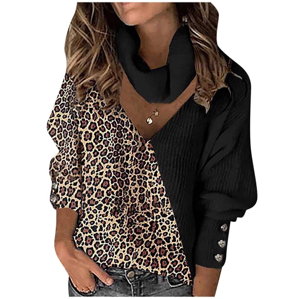 Suéter de cuello alto de manga larga con retazos estampado Fashoin para mujer Top de punto Pompotops hdfakjf10071