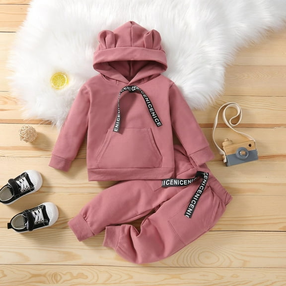 ATOGUTA Kids Sweatshirt and Sweatpants Set Boys Girls Drop Shoulder Hoodie Sweatshirt and Jogger Sweatpants 2 Piece Outfit Pink, Size 1T-6