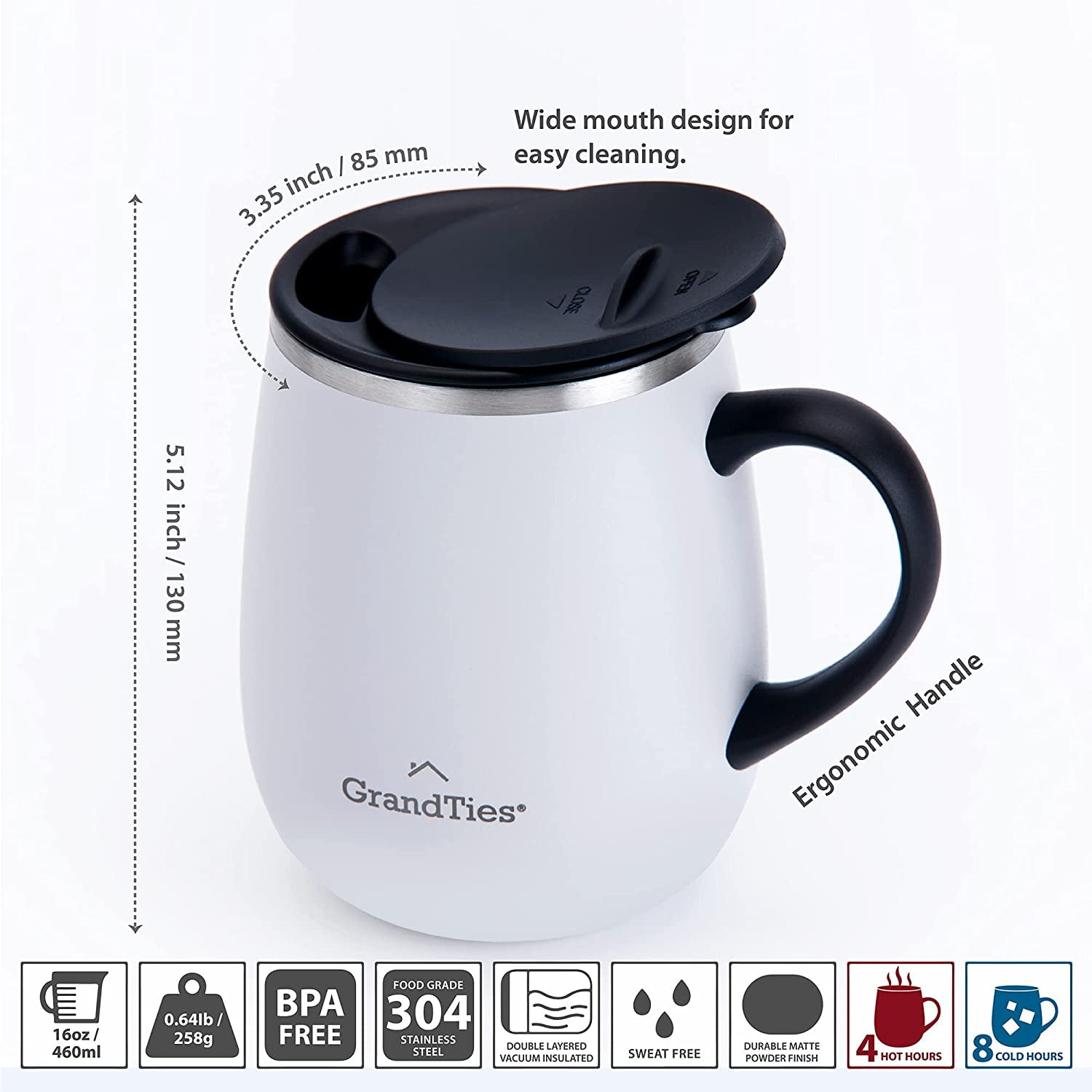 GrandTies Insulated Coffee Mug with Handle 16 oz. Wine-Glass Shape Thermal Tumbler with Sliding Lid for Splash-proof White