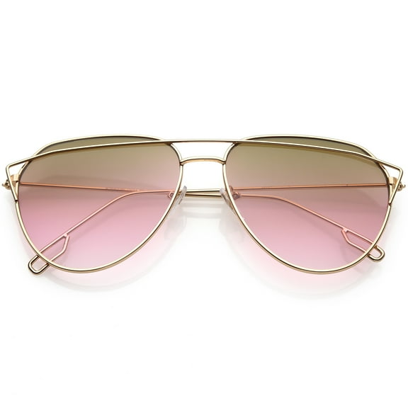 Modern Aviator Sunglasses Metal Crossbar Slim Arms Color Gradient Flat Lens 58mm (Rose Gold / Smoke Pink)