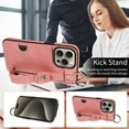 thumbnail image 5 of for iPhone 12/12 Pro Wallet Case with Card Holder, Hand Wrist Strap Loop Holder Kickstand, Finger Grip Ring Buckle PU Leather Double Buttons Shockproof Cover for iPhone 12/12 Pro, Pink, 5 of 10