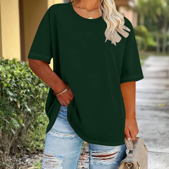 Cutuoiiu Short Sleeve Tops for Women Summer Round Neck Solid Color Plus Size T-Shirts Gifts