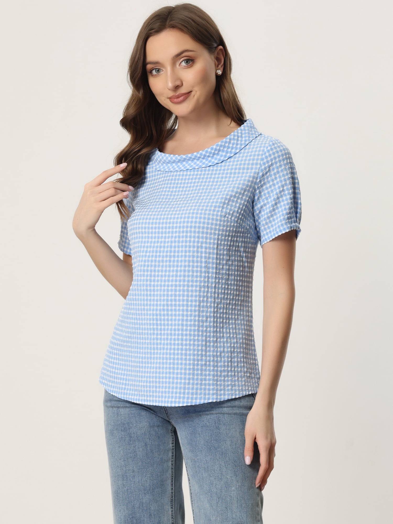 DARING DIVA Short Sleeve Casual Checked Top XL Blue