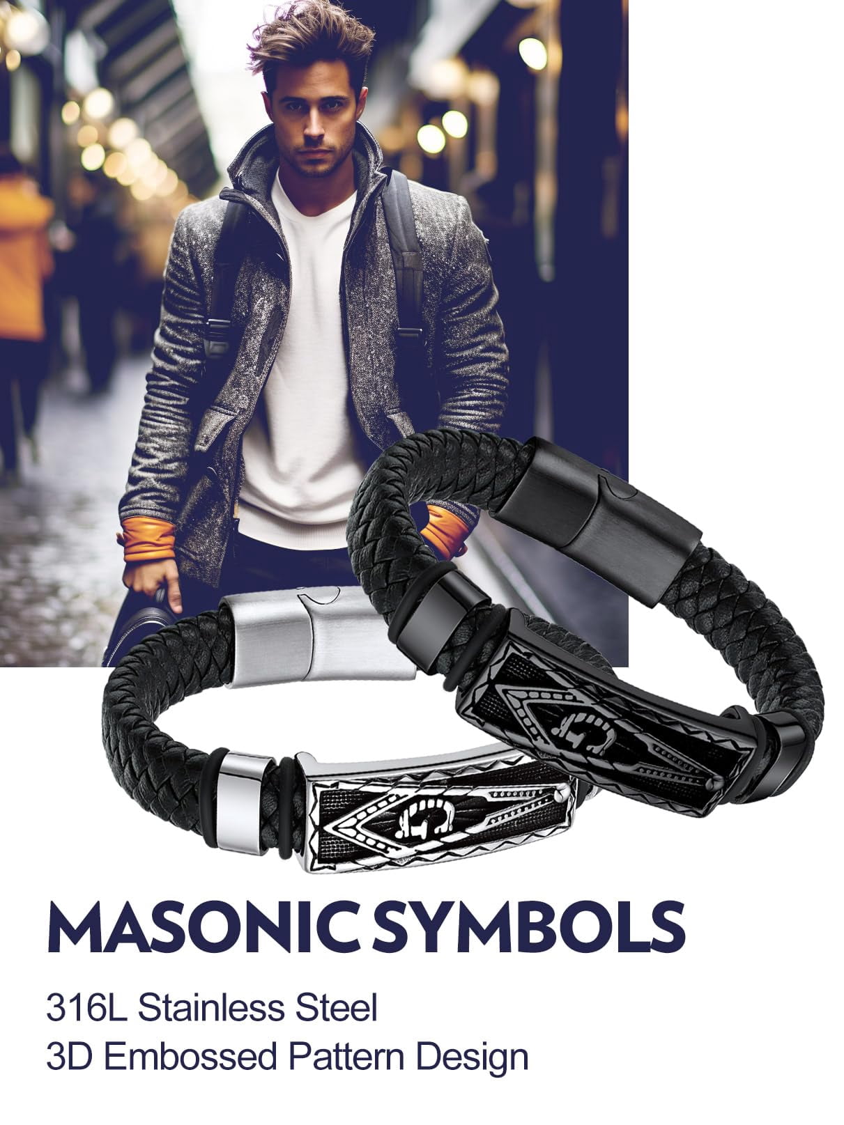 Bandmax Black Leather Braided Bracelets for Men Stainless Steel Black Masonic Freemason Wristband Charm Bracelet with Adjustable Buckle Birthday Father Day Gift for Dad Son Husband Grandpa