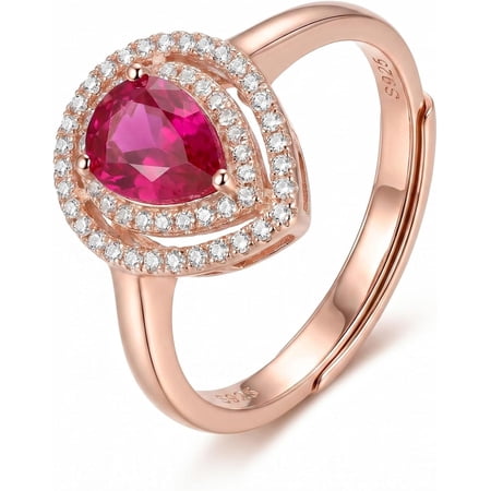 Pronoia S925 Sterling Silver Rose Gold Plated Pear Cut Pink Gemstone Double Halo Adjustable Ring Jewelry for Women Daily Anniversary Party