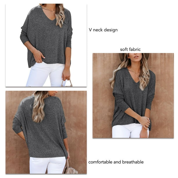 Blusas tipo jersey de manga larga con cuello en V para mujer de color puro transpirables sencillas e informales para otono e invierno para el hogar y la oficina color negro gris