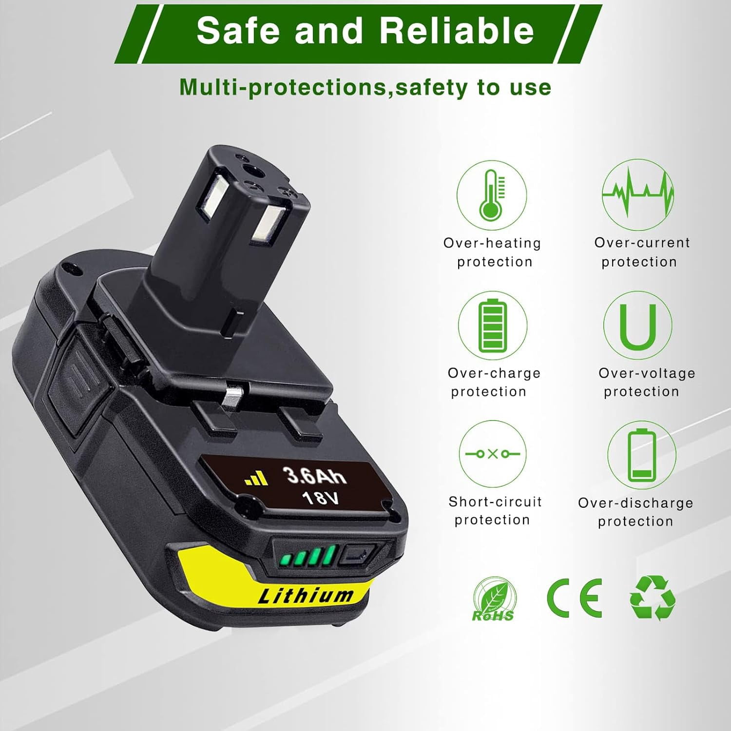 BOTKK Battery Replacement for Ryobi 18V Battery One Plus P102 P103 P104 P105 P107 P108 P109 P190 P122 18V ONE+ Batteries Replacement 3.6Ah 2Packs