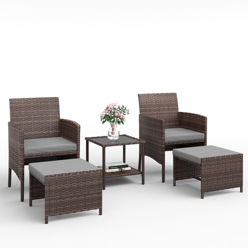 ELPOSUN 5-Piece Patio Furniture Set, Outdoor PE Wicker Conversation Chairs with Ottoman Underneath, Brown Ratan,Gray