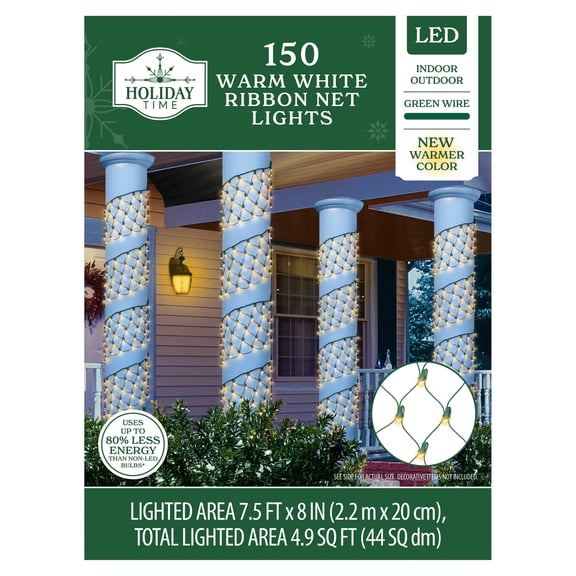 Indoor/Outdoor 150-Count LED Ribbon Christmas Net Lights, Warm White, Green Wire, 7.5' x 8", by Holiday Time
