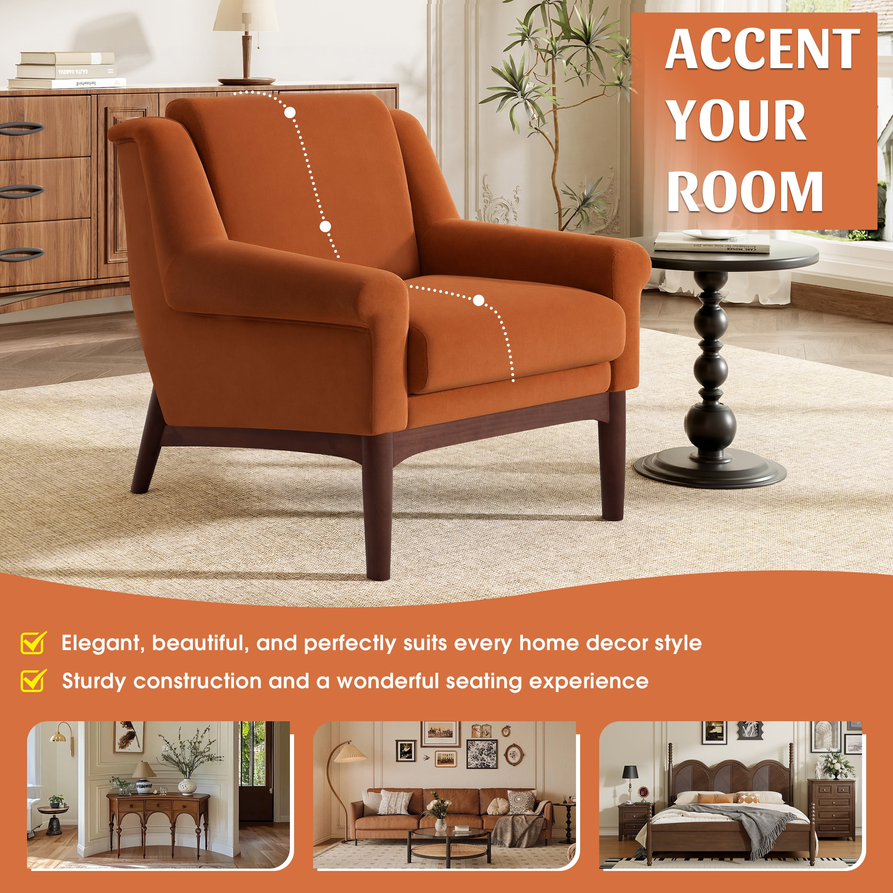 GARITIN Mid Century Modern Accent Chair 31 Inch, Upholstered Lounge Chair with Flared Arms and Solid Wood Legs for Living Room, Orange