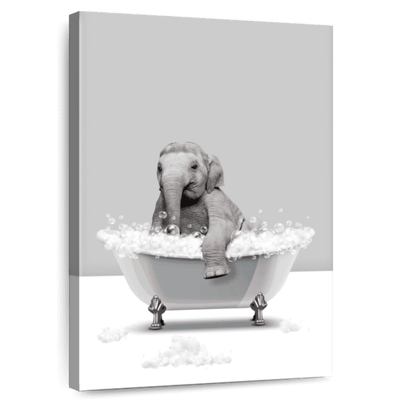 Elephant Stock Bathtub Animal Elephant Silver Wall Art - Vertical Canvas Wall Art - Bathroom Wall Decor - Animal Canvas - Gray And White Decor - 8" x 12"