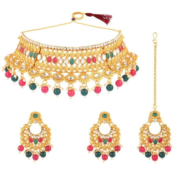 Efulgenz Indian Bridal Sets for Women Wedding Traditional Faux Pearl Kundan Crystal Stone Necklace Chaandbali Earrings with Maang Tikka Bollywood Indian Jewelry for Women