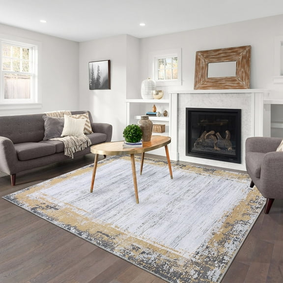 Garvee 8'x10' Machine Washable Rug Modern Border Abstract Rug Soft Foldable Rug Non-Shedding Stain-Resistant Rug Carpet, Yellow