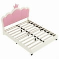 thumbnail image 3 of Full size Upholstered Princess Bed With Crown Headboard,Full Size Platform Bed with Headboard and Footboard, Cream+Pink, 3 of 10