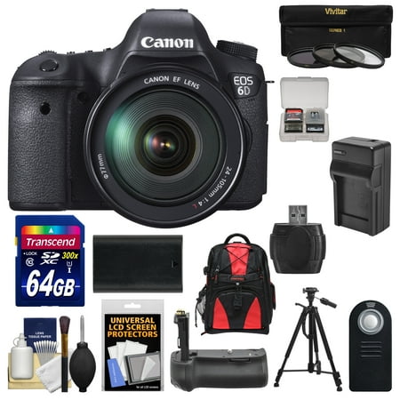 Canon EOS 6D Digital SLR Camera Body with EF 24-105mm L IS USM Lens with 64GB Card + Backpack + Grip + Battery & Charger + Tripod + Kit