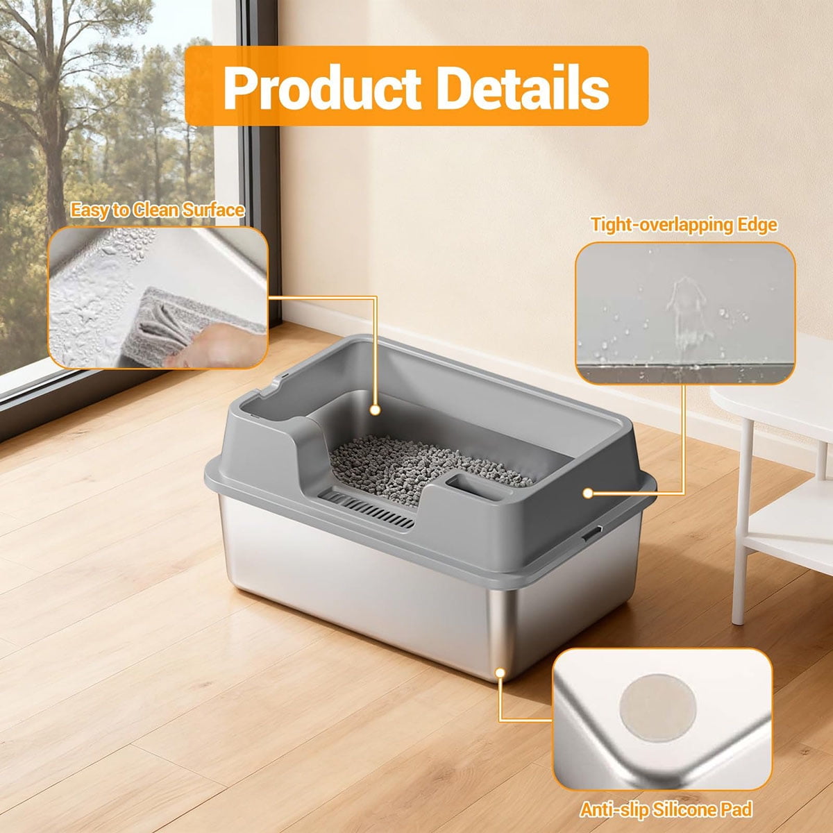 Ataucjin Extra Large Enclosed Stainless Steel Cat Litter Box, Metal Litter Pan for Big Cats, High Wall Sides & Non-Stick Bottom, Anti-Leakage & Odor-Resistant, Easy to Clean for All Cats