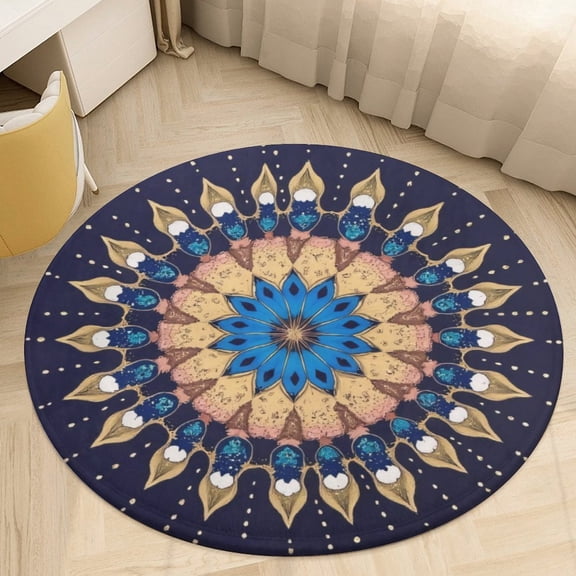 Blue Gold Mandala Art Round Area Rugs for Bedroom Living Room, 3FT Soft Indoor Circle Carpets, Carpet Home Decor Floor Mat